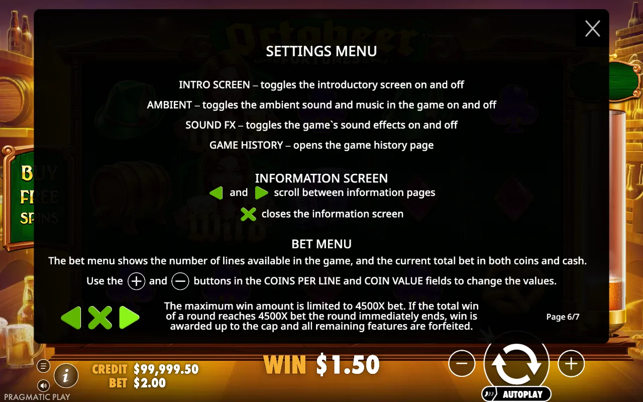Settings menu — Octobeer Fortunes