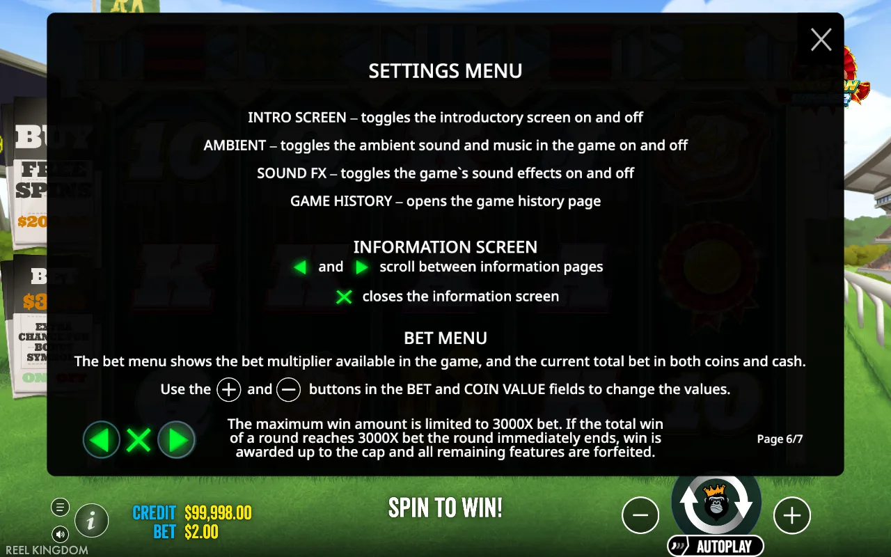Settings menu — Odds on Winner
