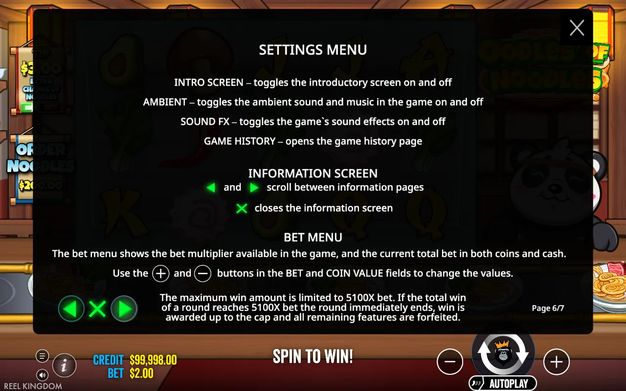 Settings menu — Oodles of Noodles