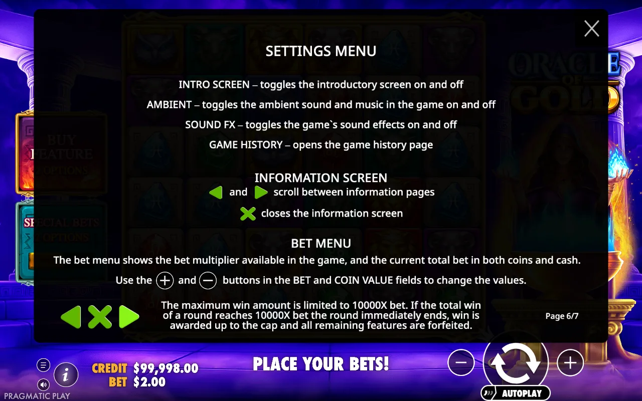 Settings menu — Oracle of Gold