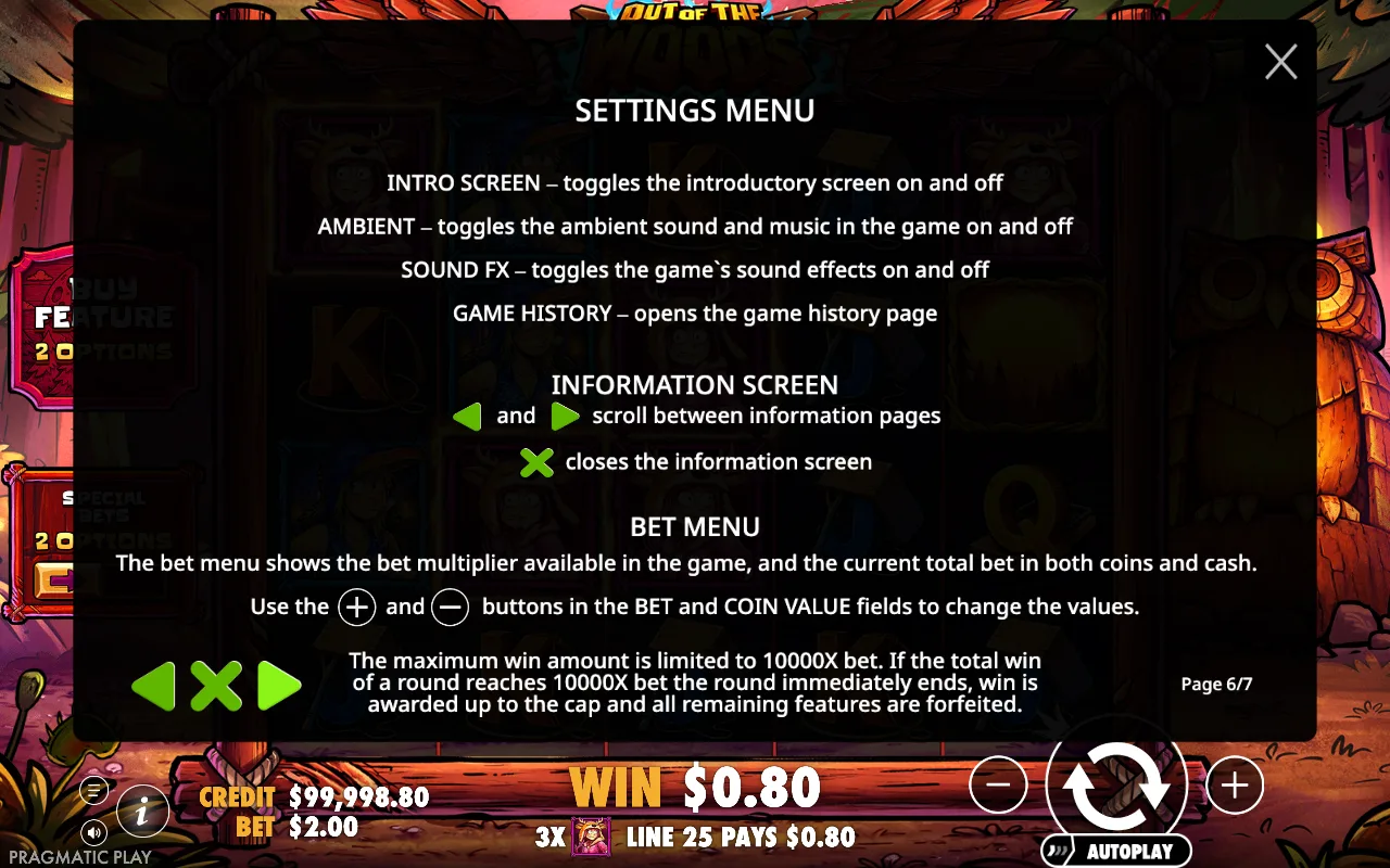 Settings menu — Out of The Woods