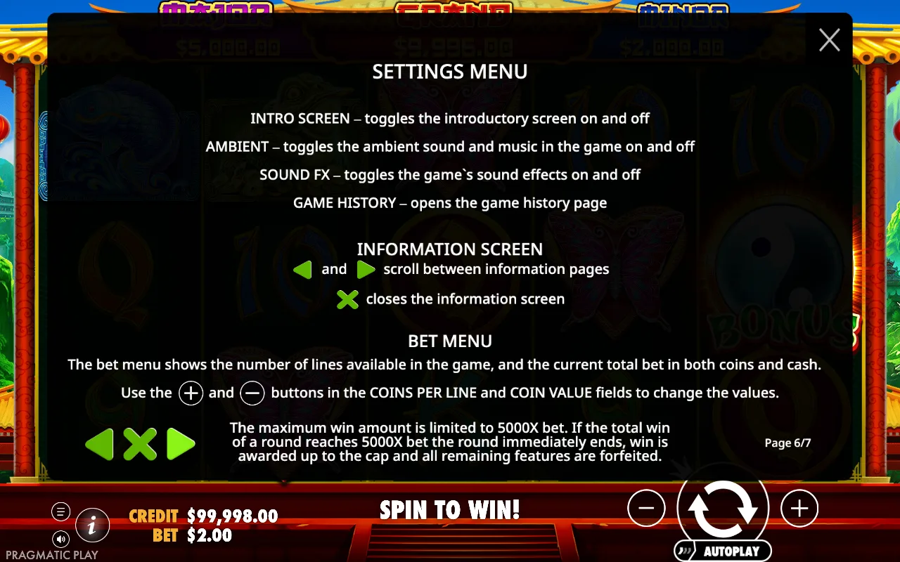Settings menu — Panda Fortune 2
