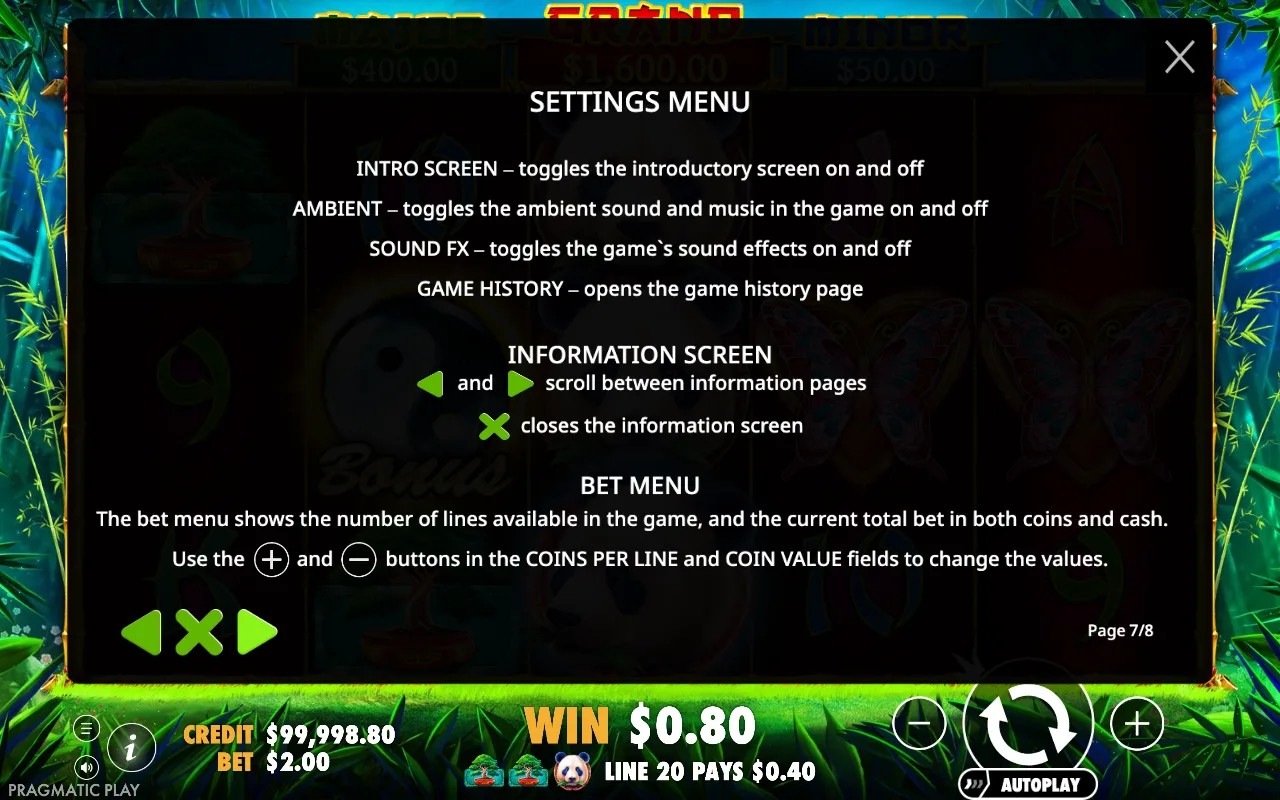Settings menu — Panda's Fortune
