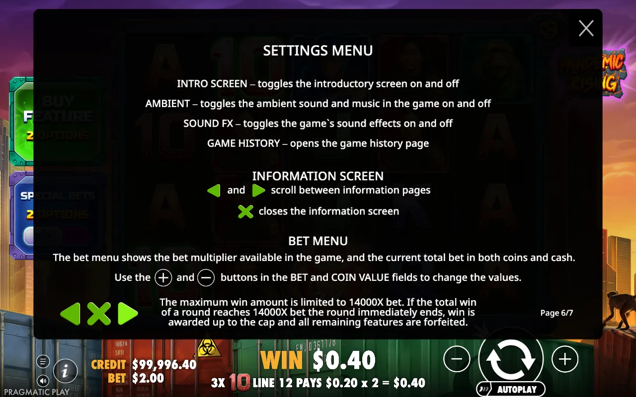 Settings menu — Pandemic Rising