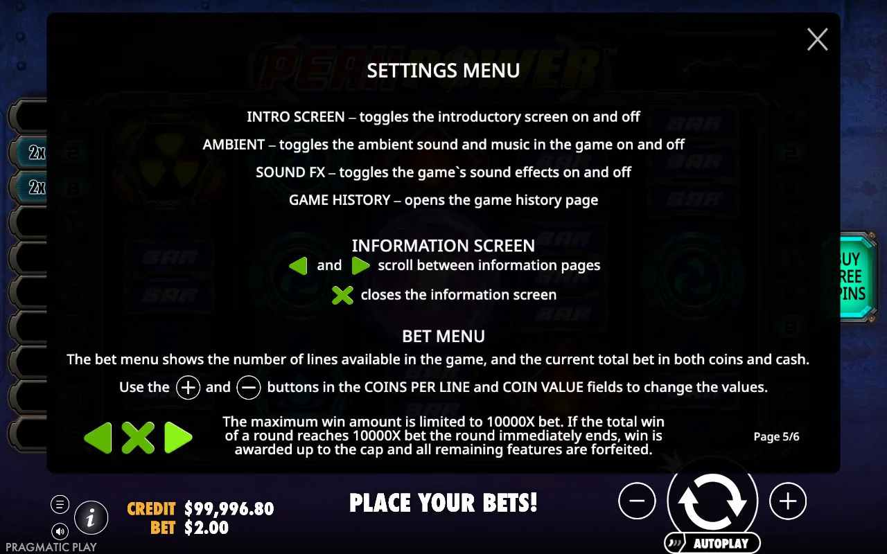 Settings menu — Peak Power