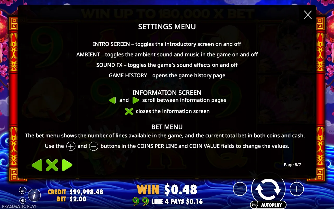Settings menu — Peking Luck
