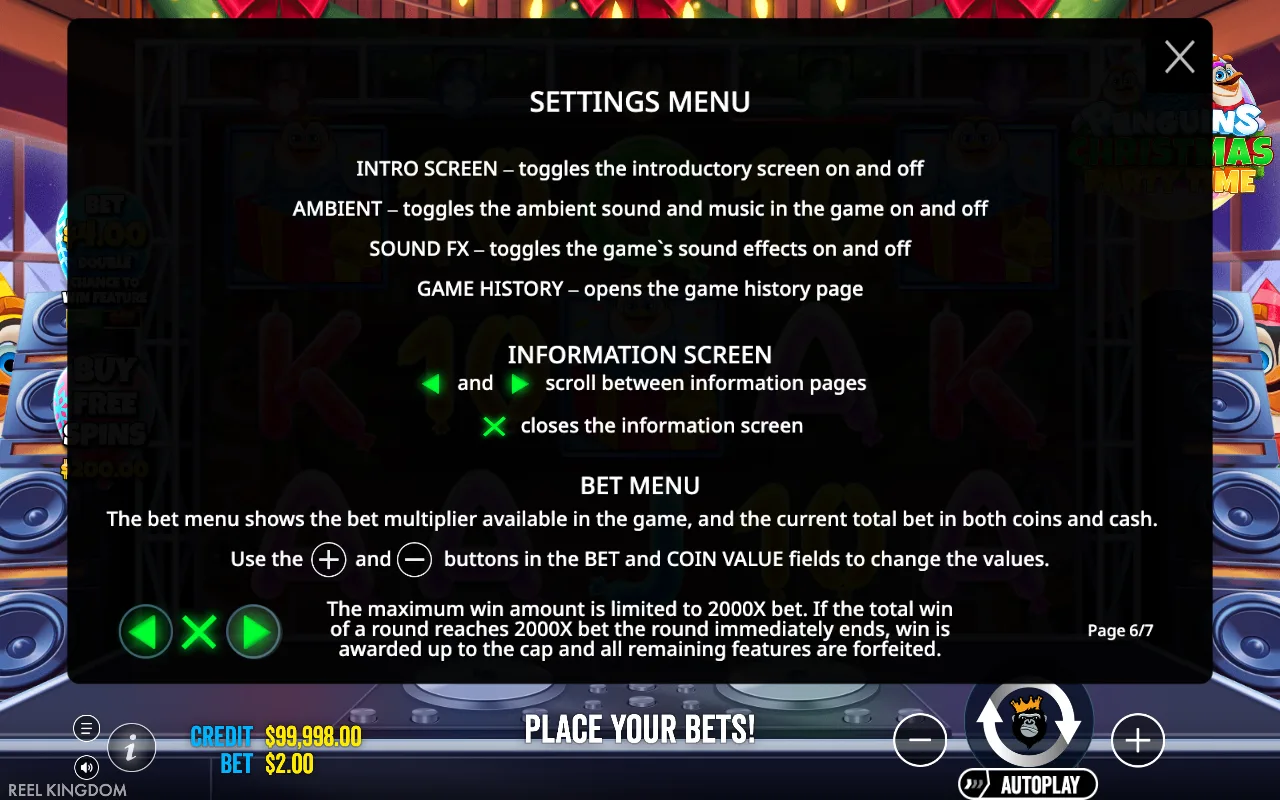 Settings menu — Penguins Christmas Party Time