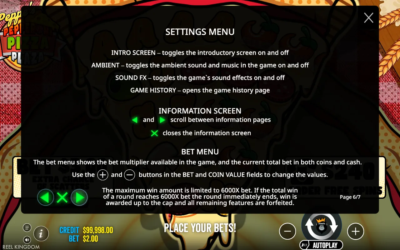 Settings menu — Peppe's Pepperoni Pizza Plaza