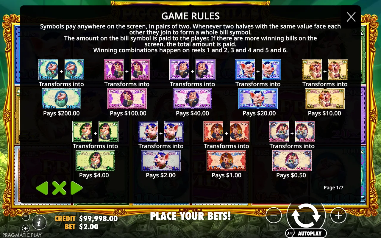 Game rules, page 1 — Piggy Bank Bills