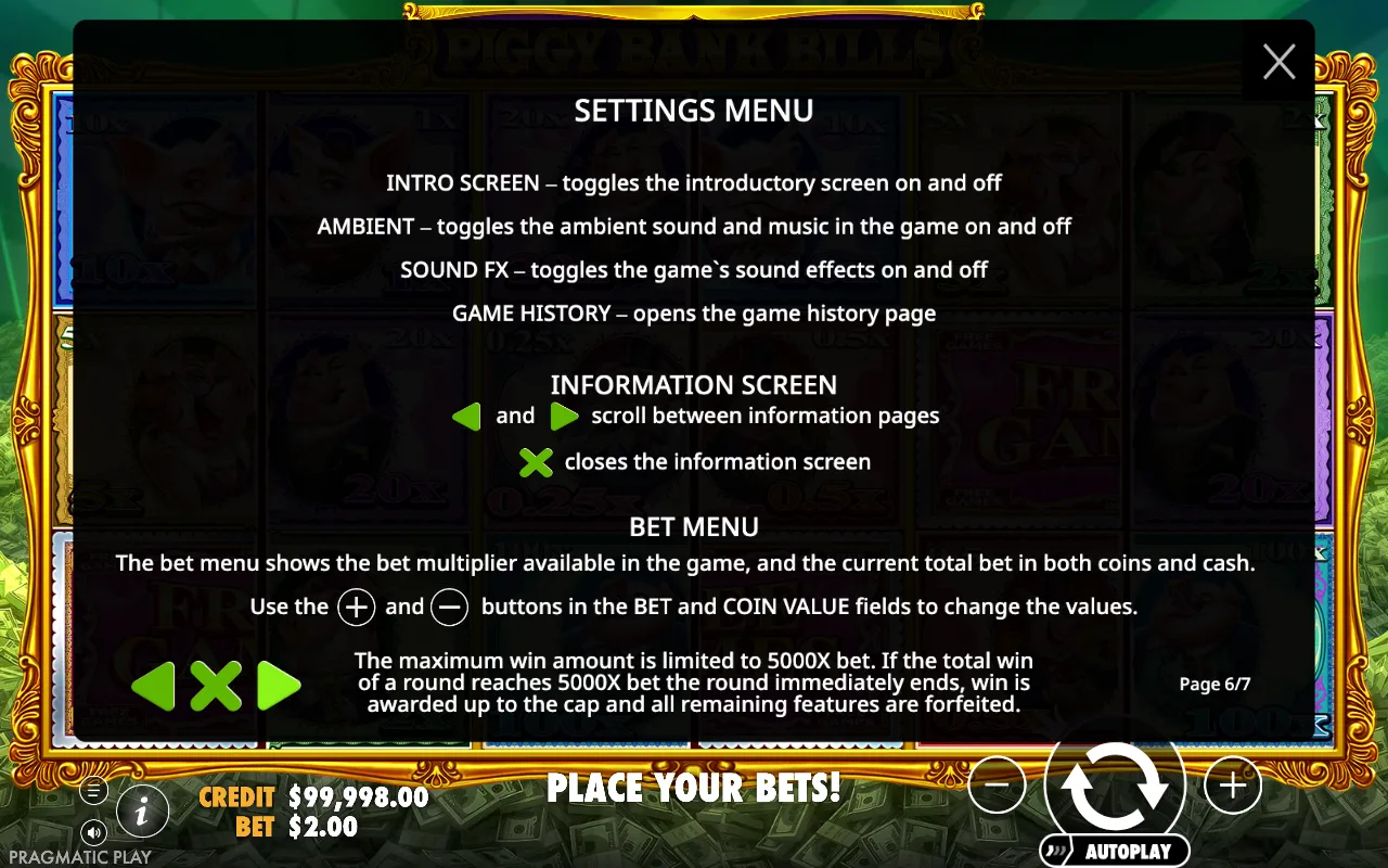 Settings menu — Piggy Bank Bills