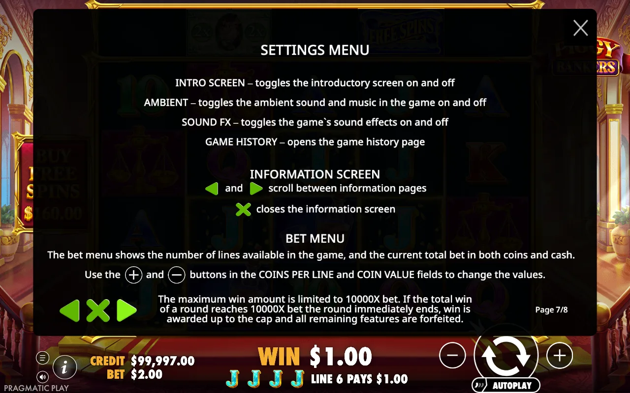 Settings menu — Piggy Bankers