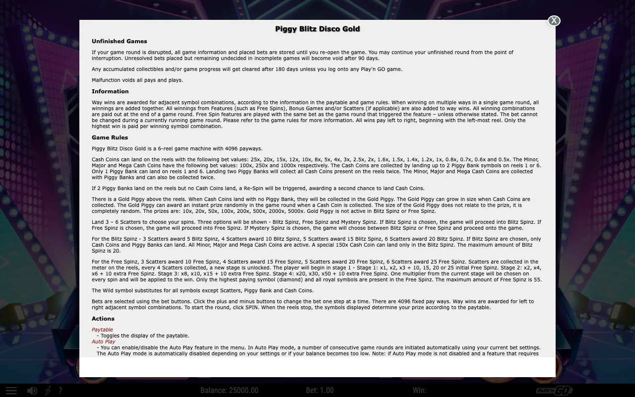 Game rules, page 1 — Piggy Blitz Disco Gold