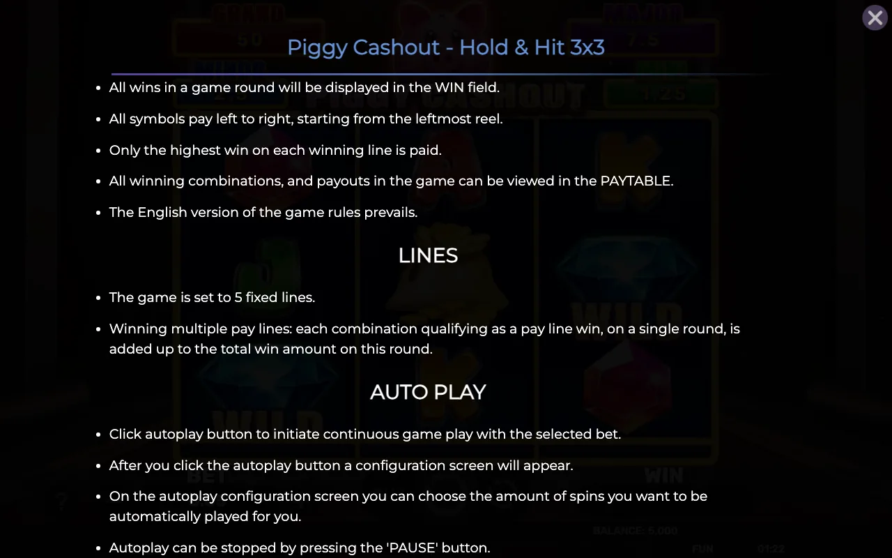 Game rules, page 7 — Piggy Cashout Holdhit 3x3