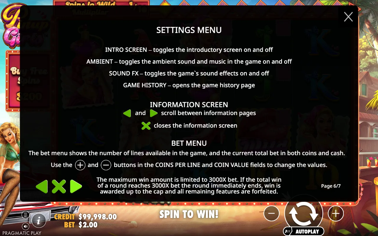 Settings menu — Pinup Girls