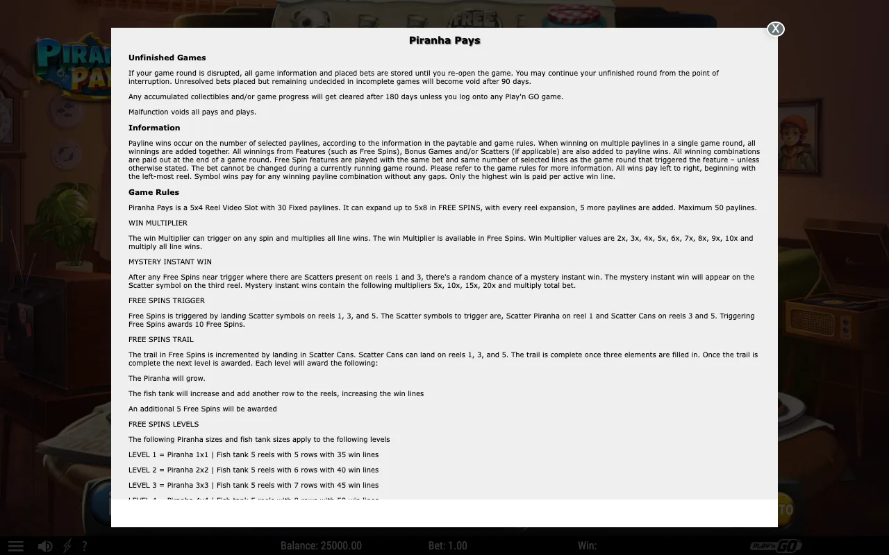Game rules, page 1 — Piranha Pays