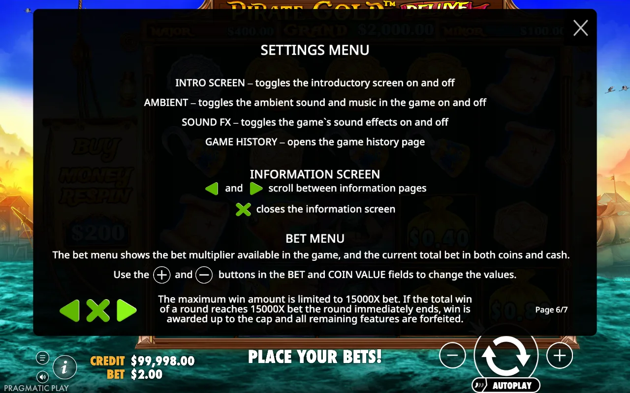 Settings menu — Pirate Gold Deluxe