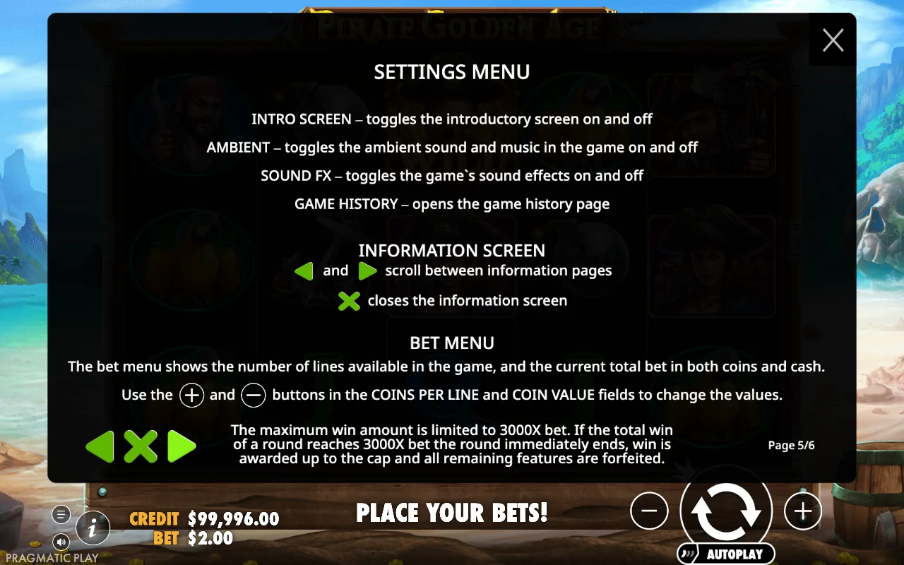 Settings menu — Pirate Golden Age