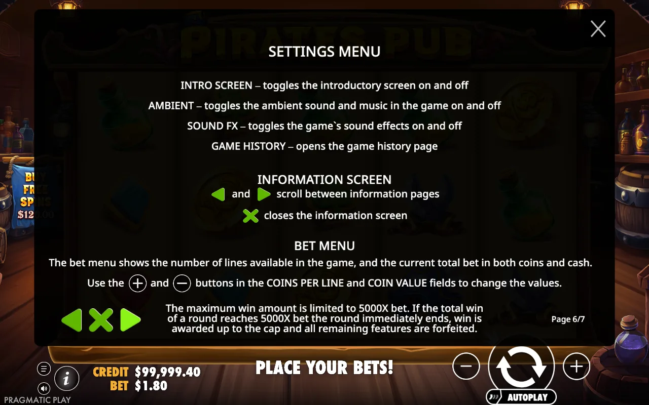 Settings menu — Pirates Pub