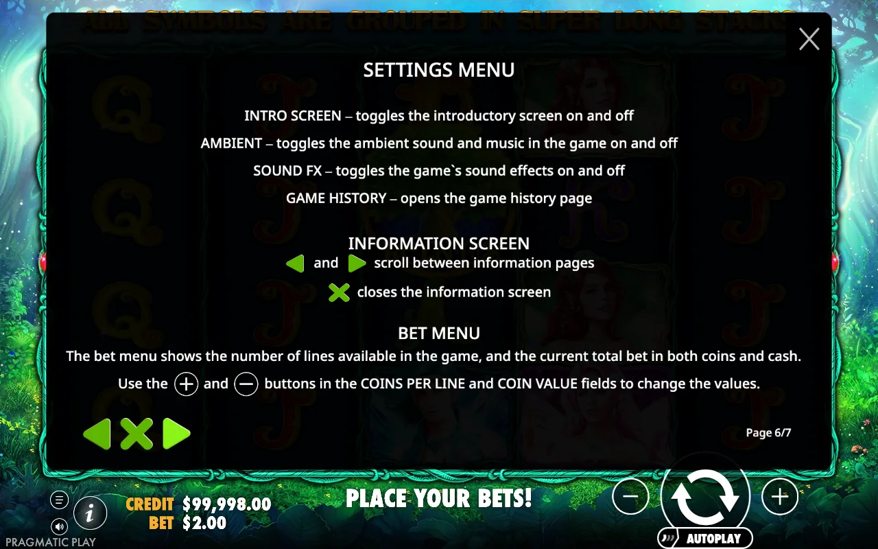 Settings menu — Pixie Wings