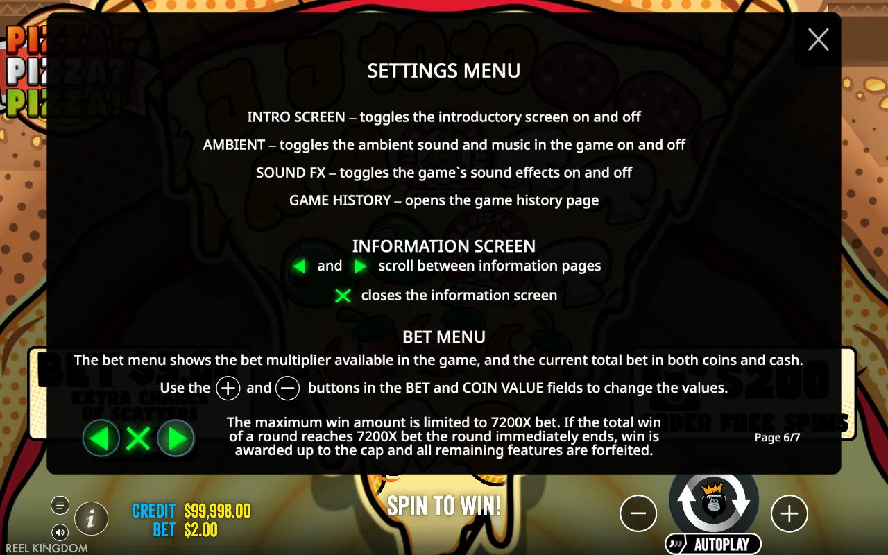 Settings menu — Pizza Pizza Pizza