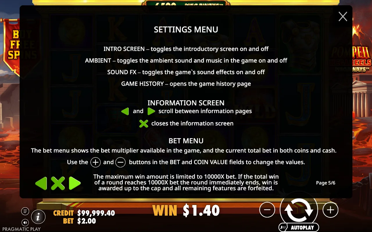 Settings menu — Pompeii Megareels Megaways