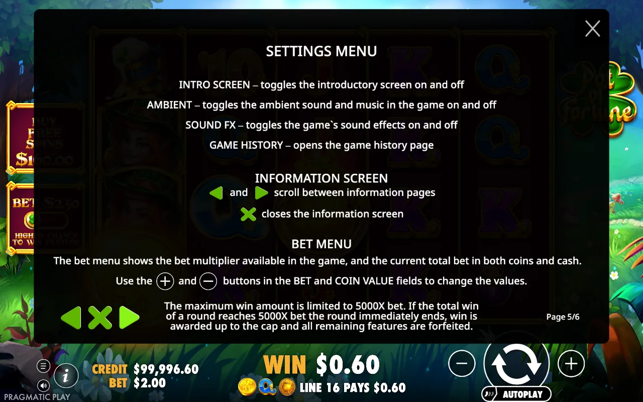 Settings menu — Pot of Fortune