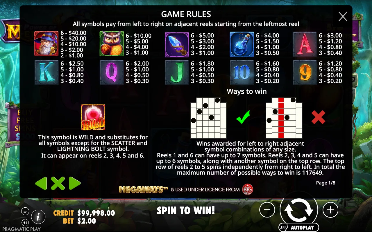 Game rules, page 1 — Power of Merlin Megaways