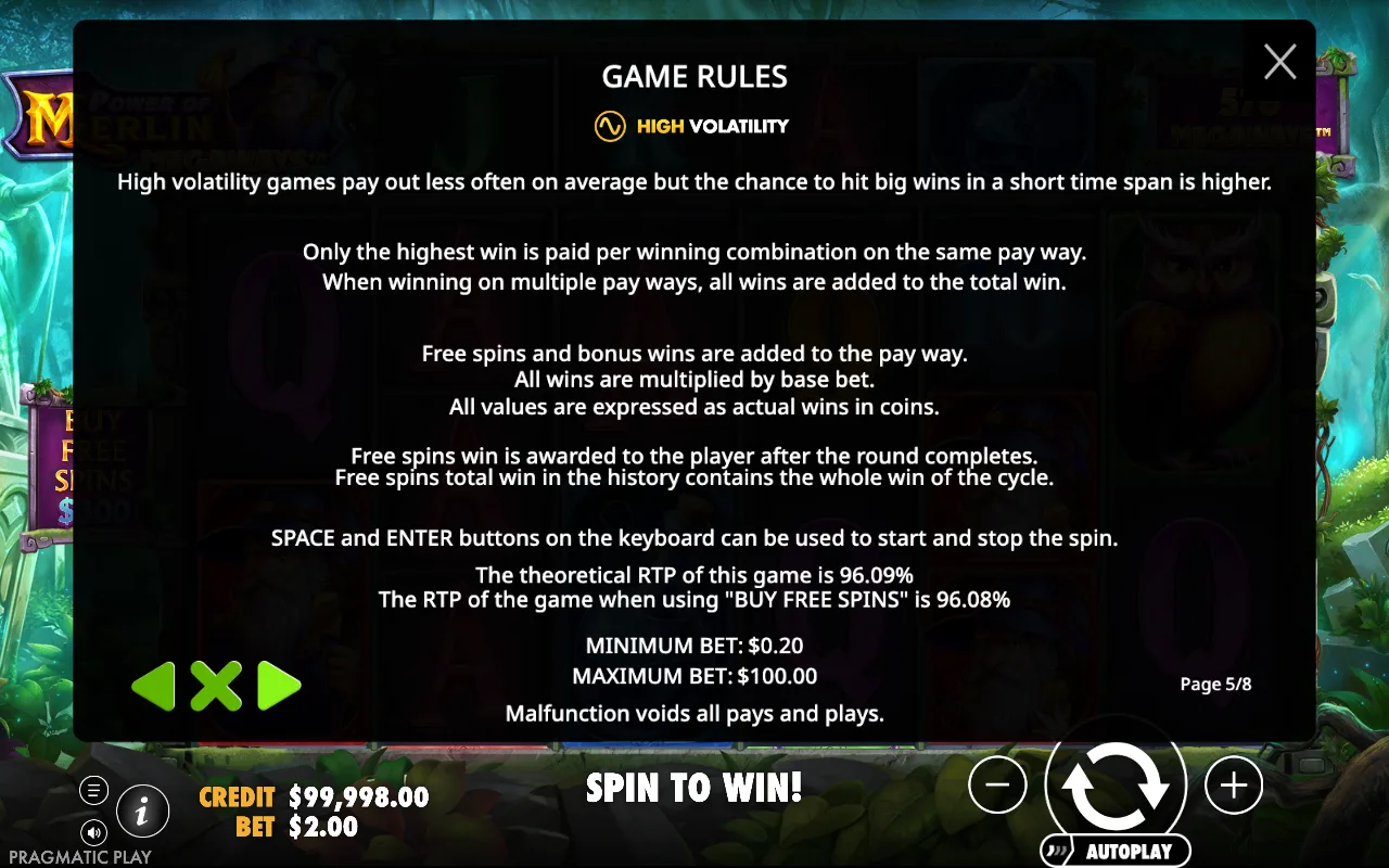 Game rules — Power of Merlin Megaways