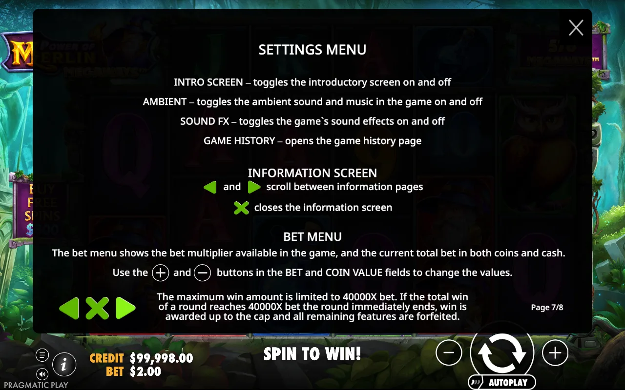 Settings menu — Power of Merlin Megaways