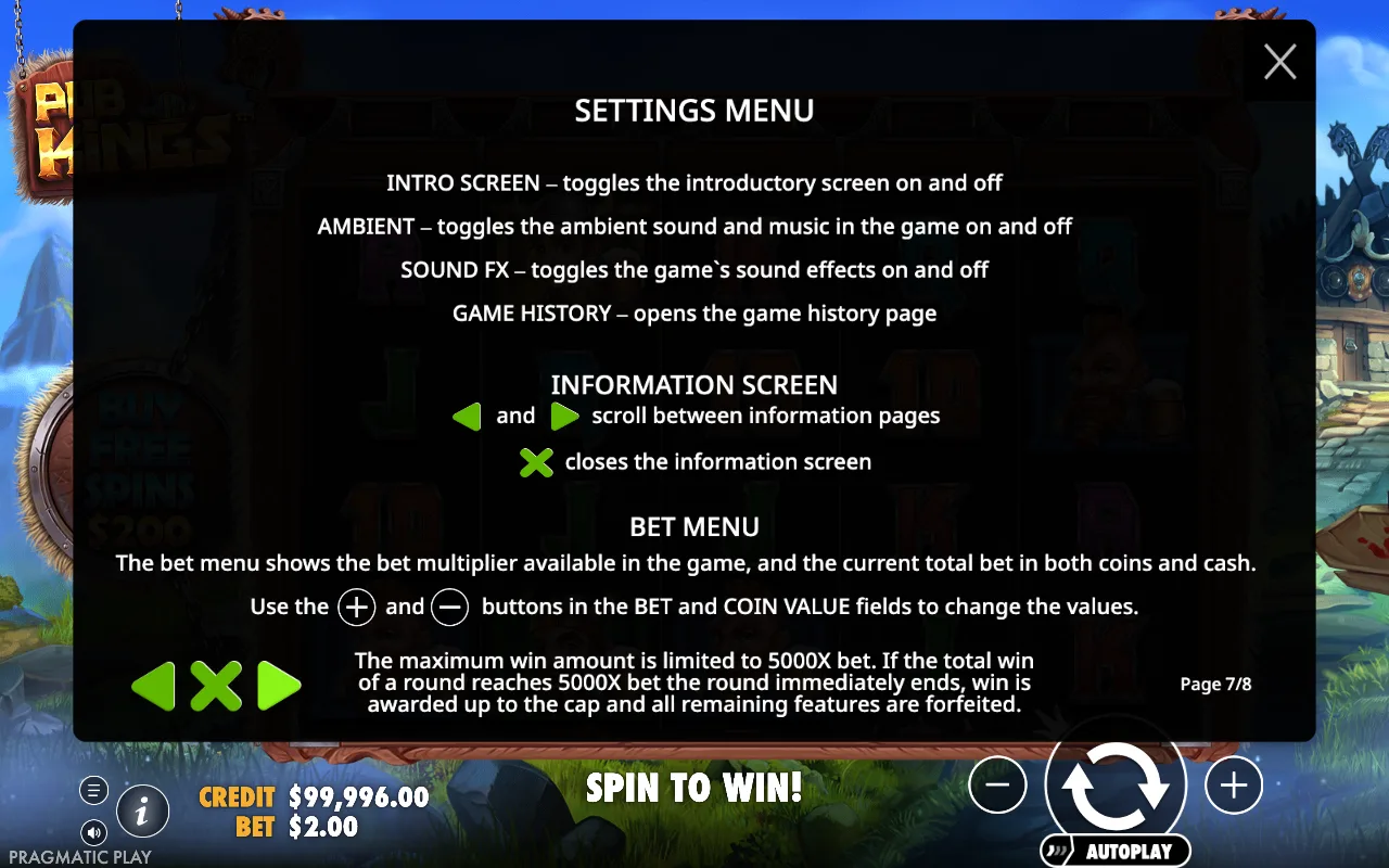 Settings menu — Pub Kings