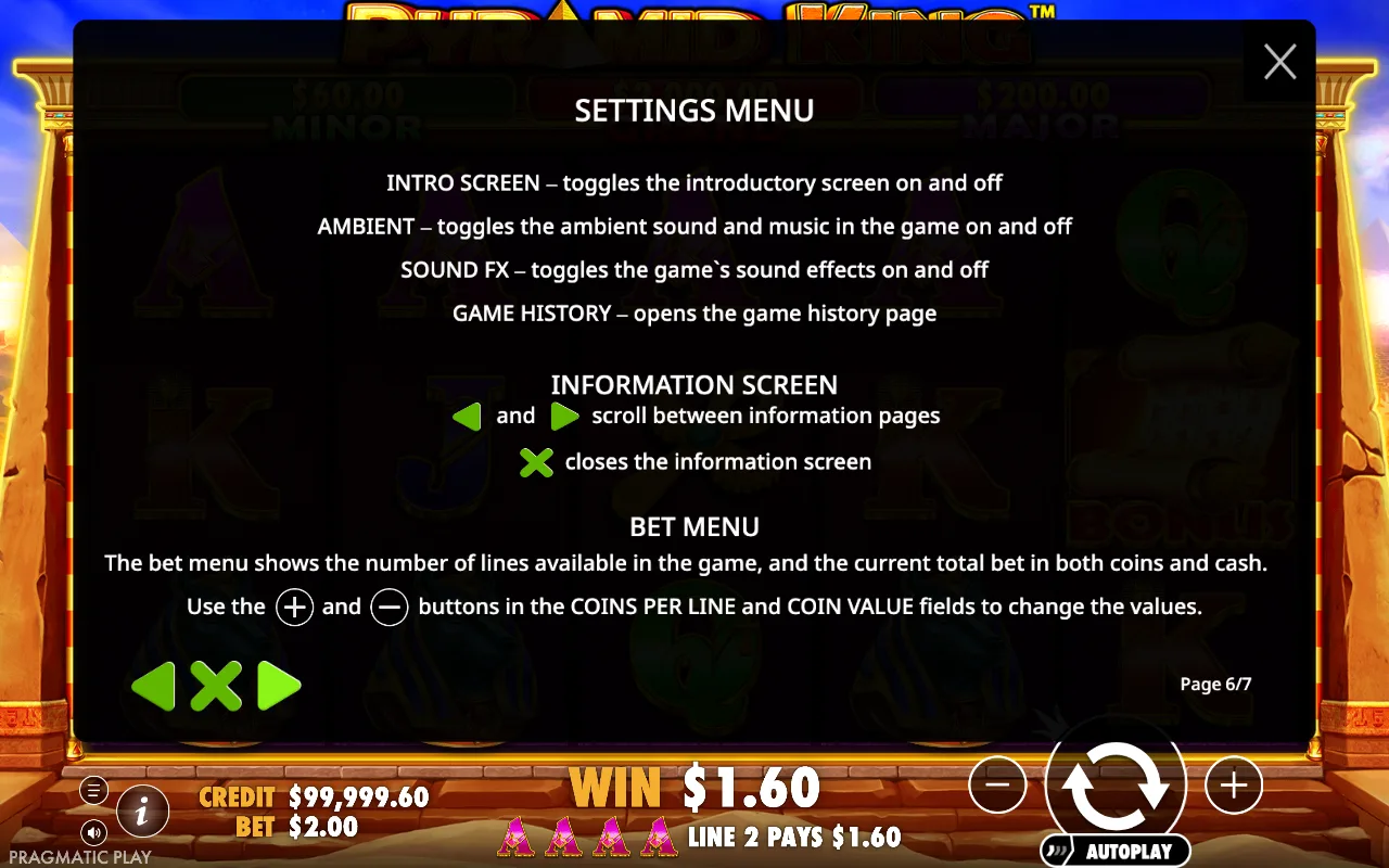 Settings menu — Pyramid King