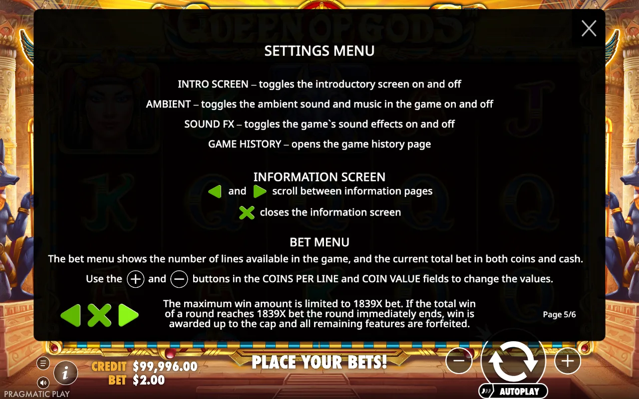 Settings menu — Queen of Gods