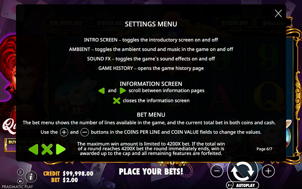 Settings menu — Queenie