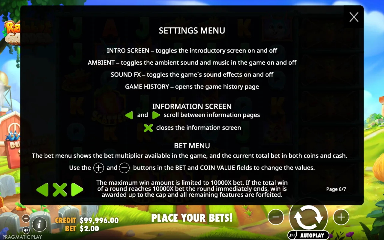 Settings menu — Rabbit Garden