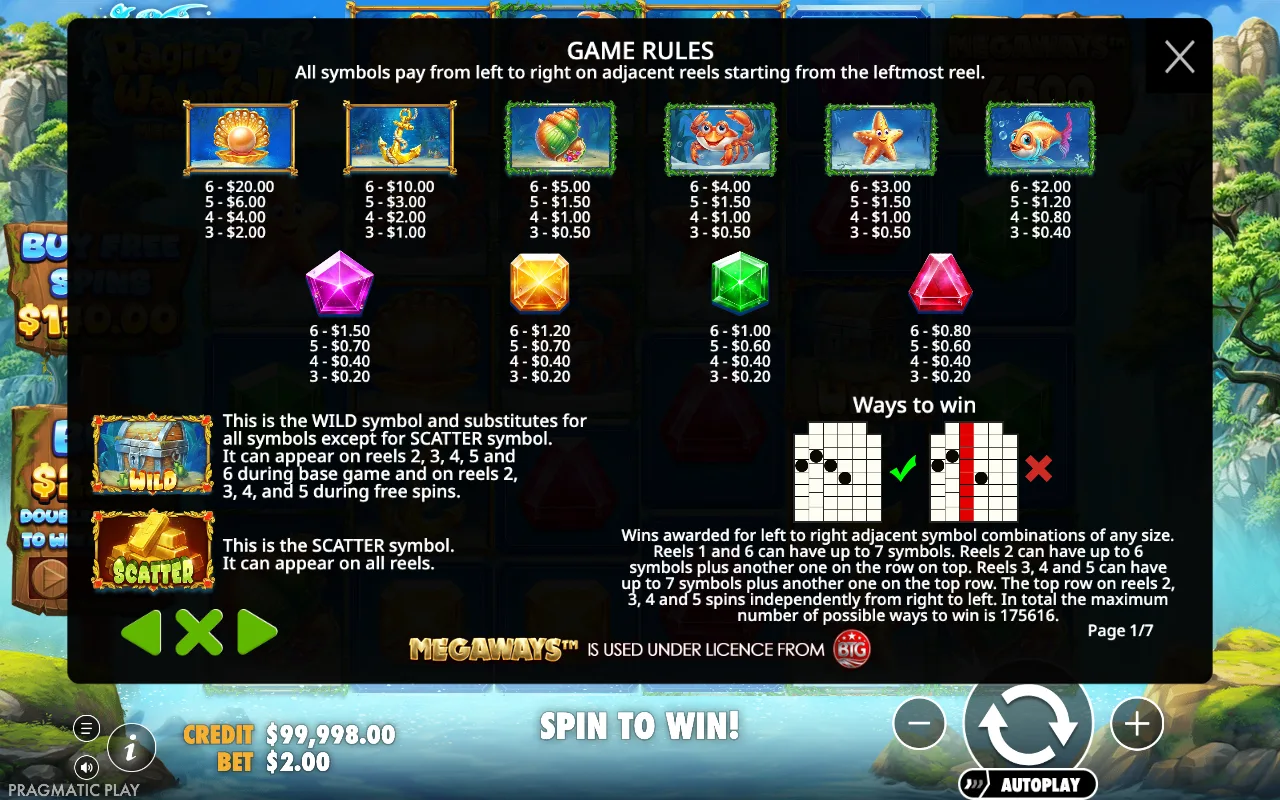 Game rules, page 1 — Raging Waterfall Megaways