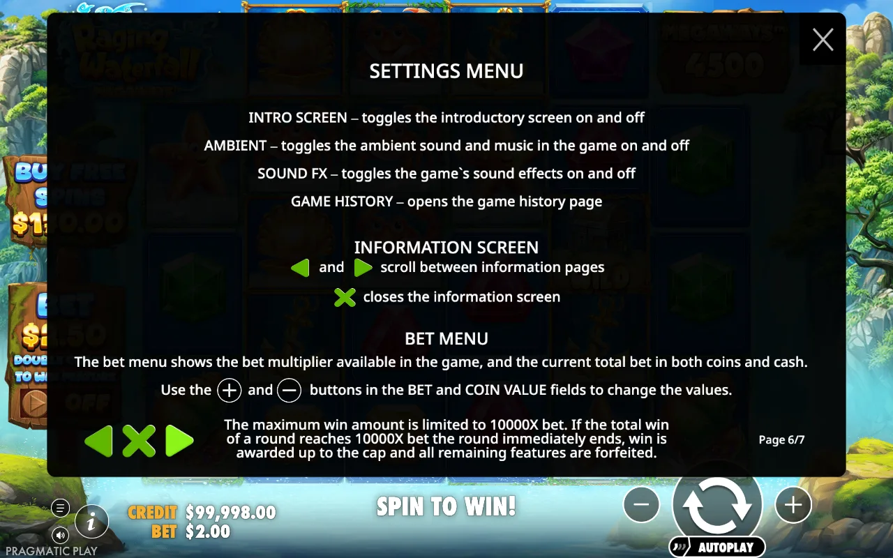 Settings menu — Raging Waterfall Megaways