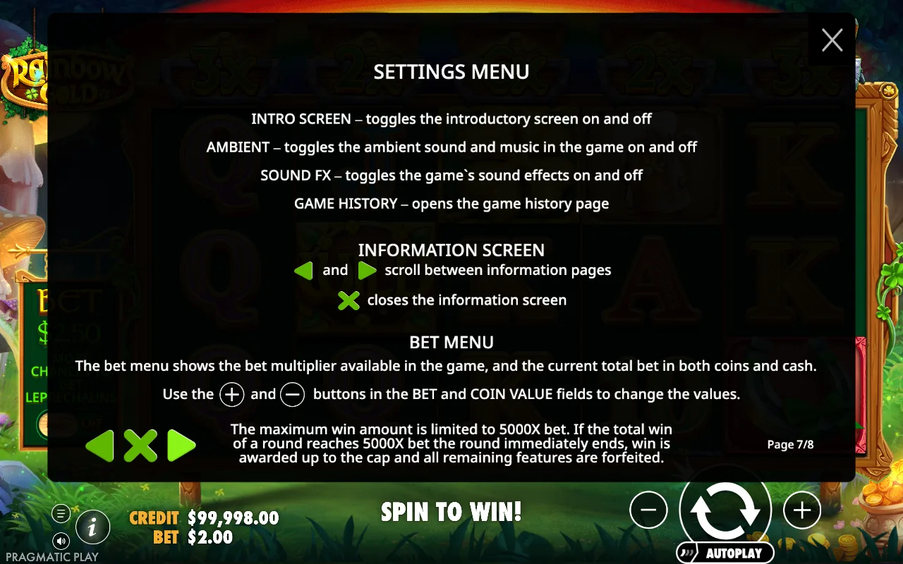 Settings menu — Rainbow Gold