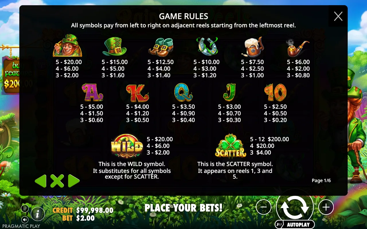 Game rules, page 1 — Rainbow Reels
