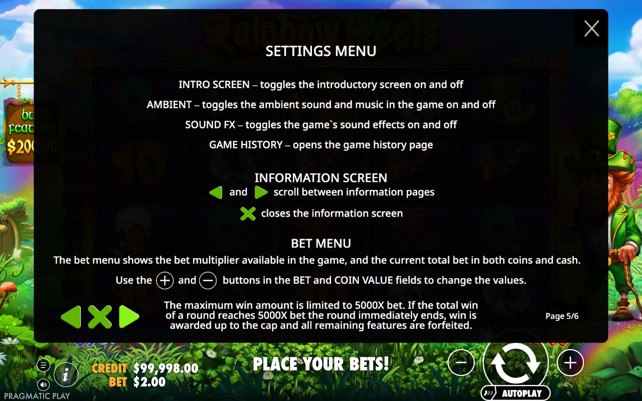 Settings menu — Rainbow Reels