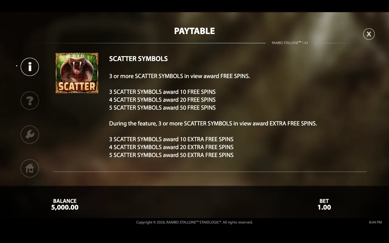 Paytable — Rambo Stallone