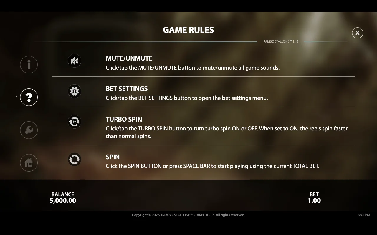 Game rules — Rambo Stallone