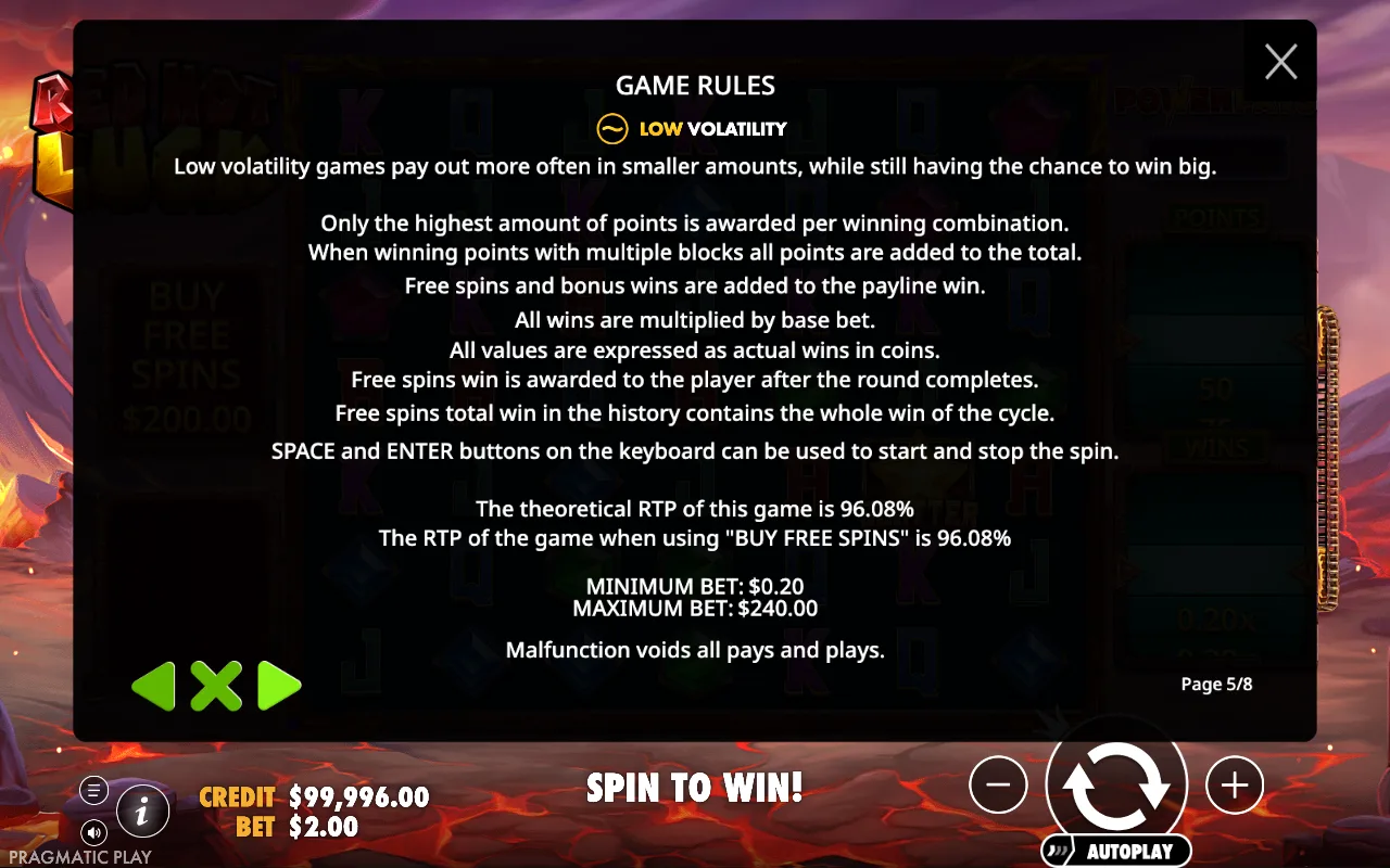 Game rules — Red Hot Luck
