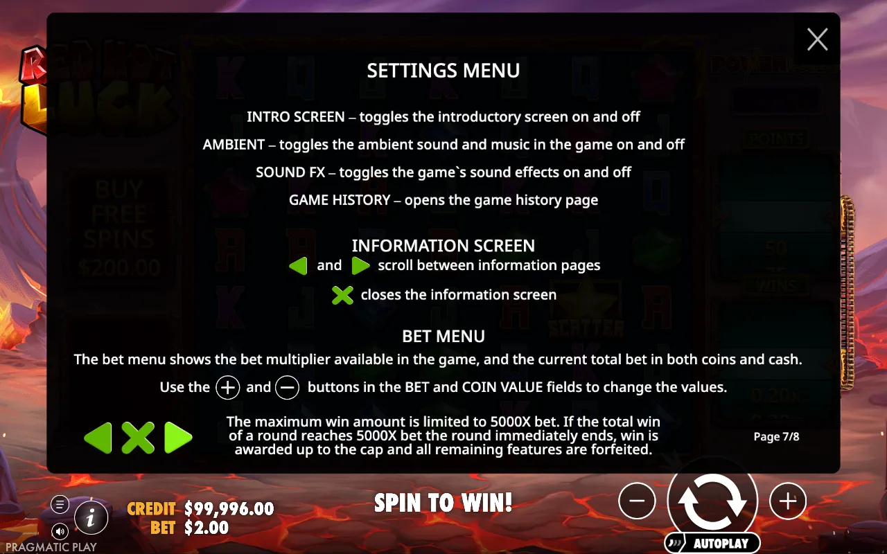 Settings menu — Red Hot Luck