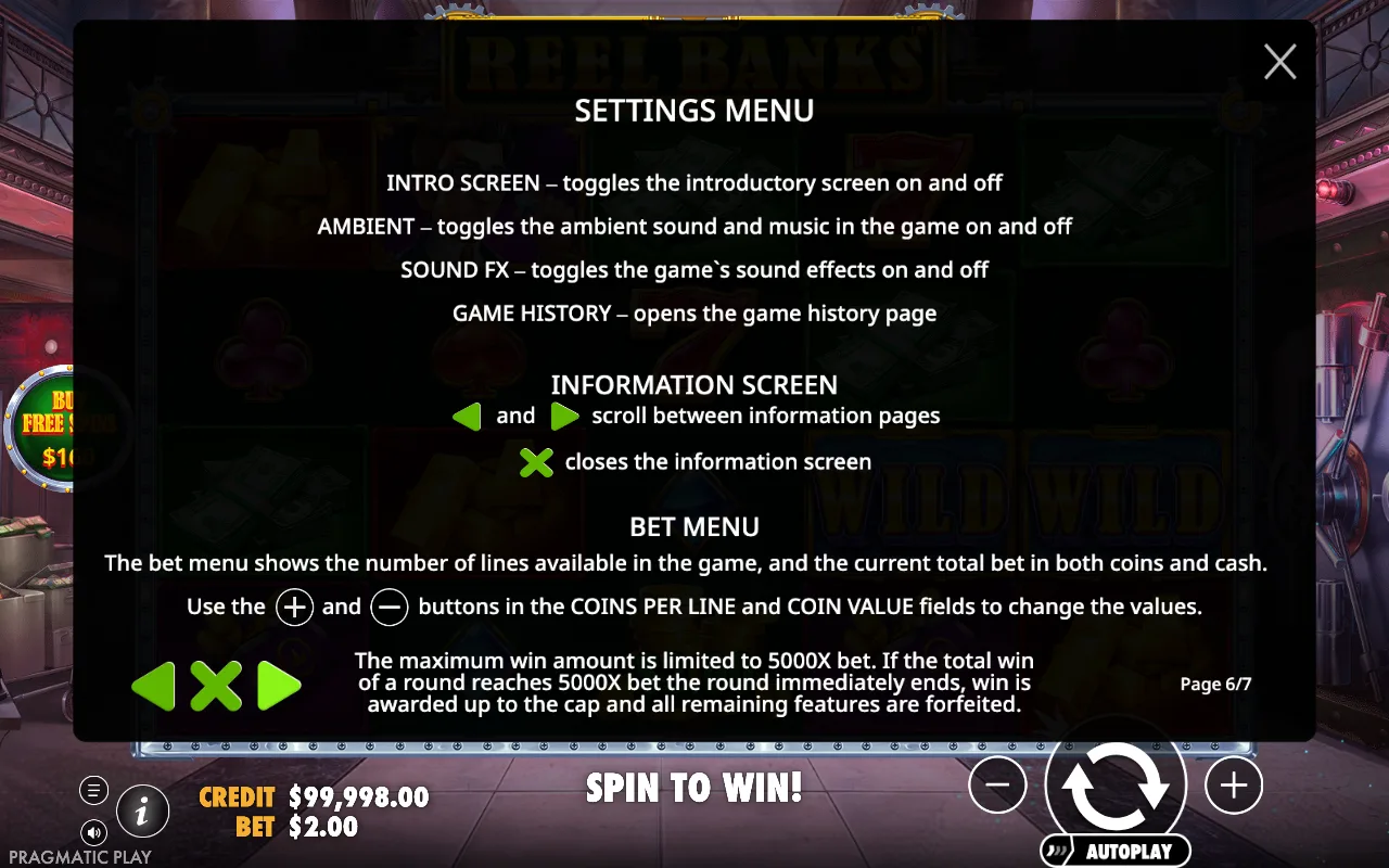 Settings menu — Reel Banks