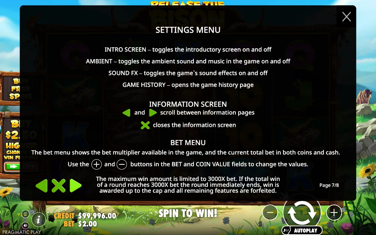 Settings menu — Release the Bison