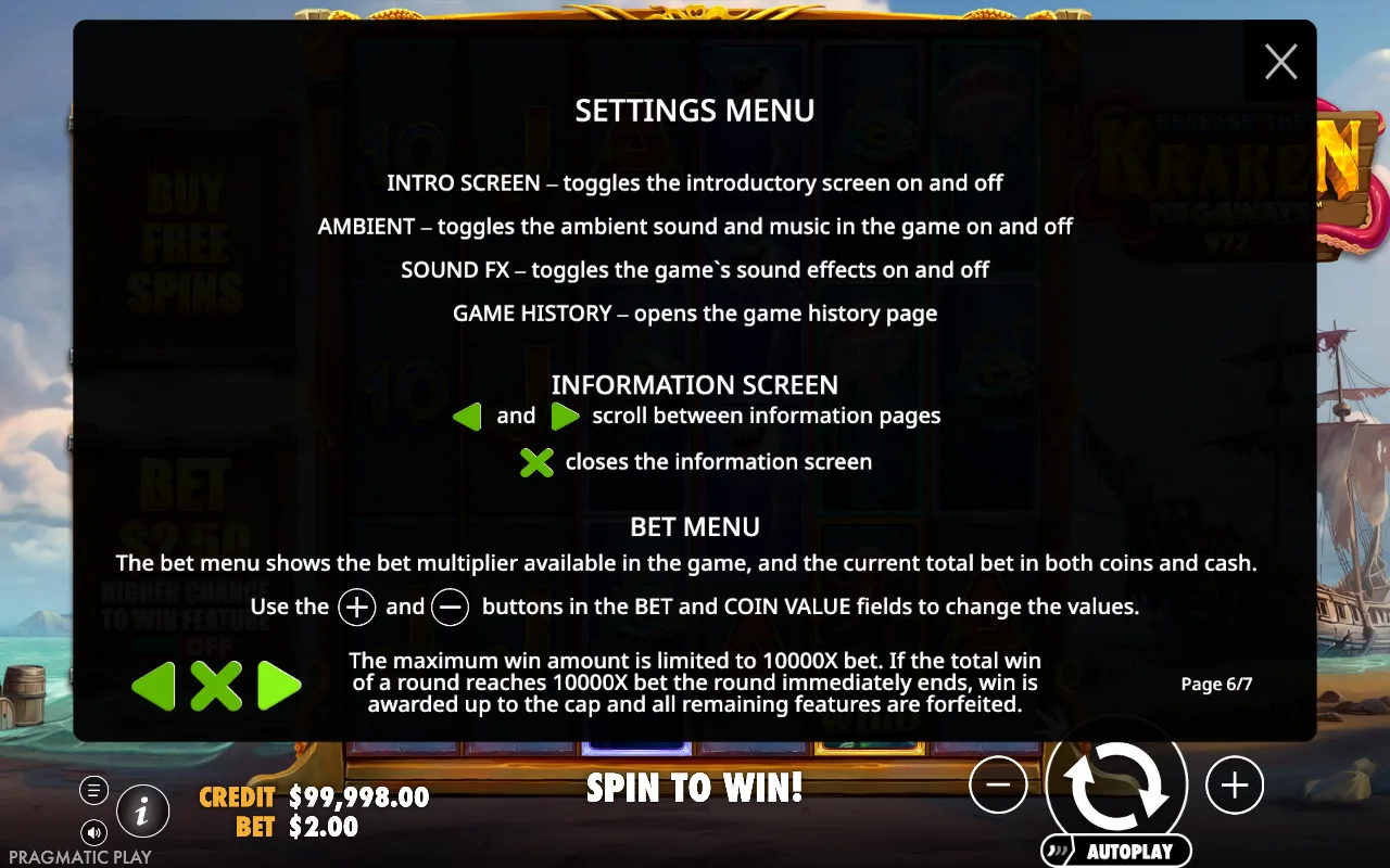 Settings menu — Release the Kraken Megaways