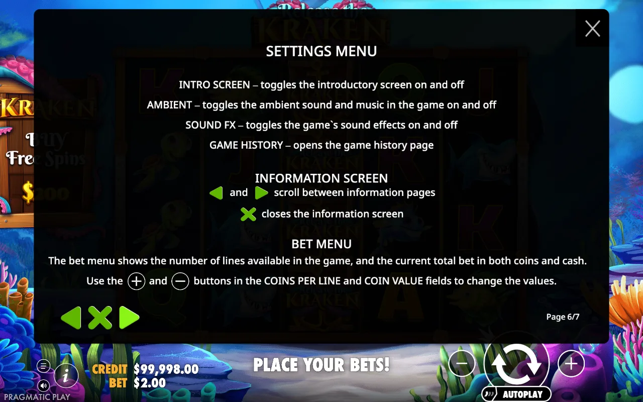Settings menu — Release the Kraken