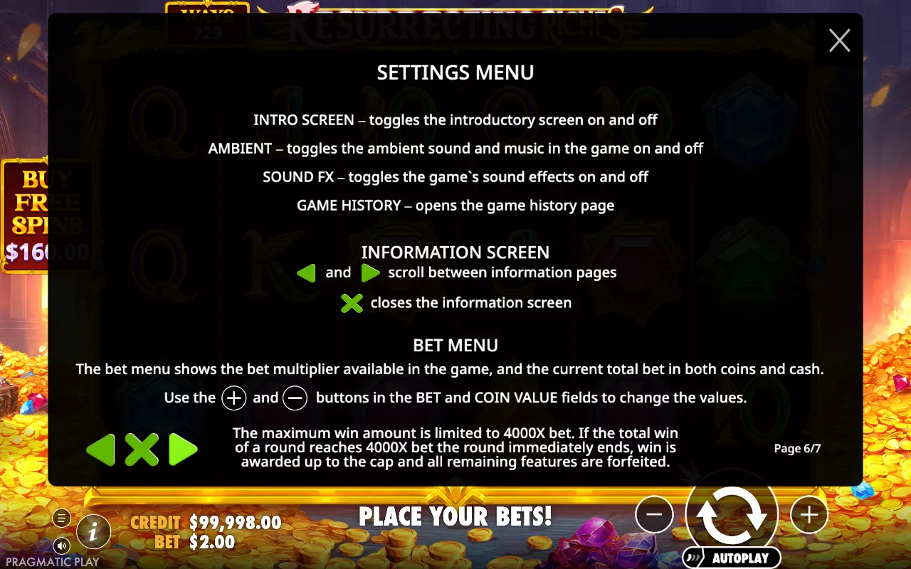 Settings menu — Resurrecting Riches