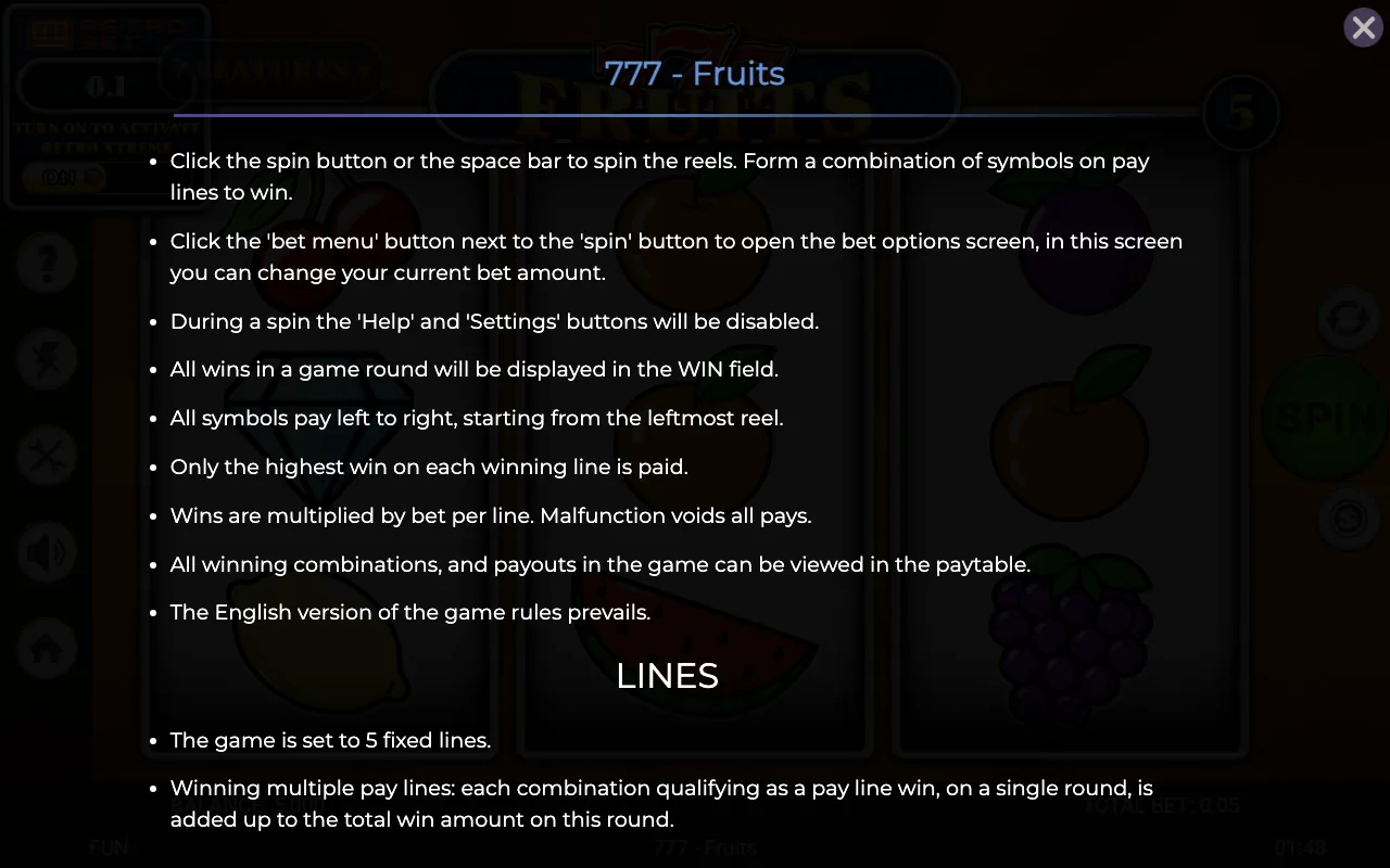 Game rules, page 4 — Retro 777 Fruits