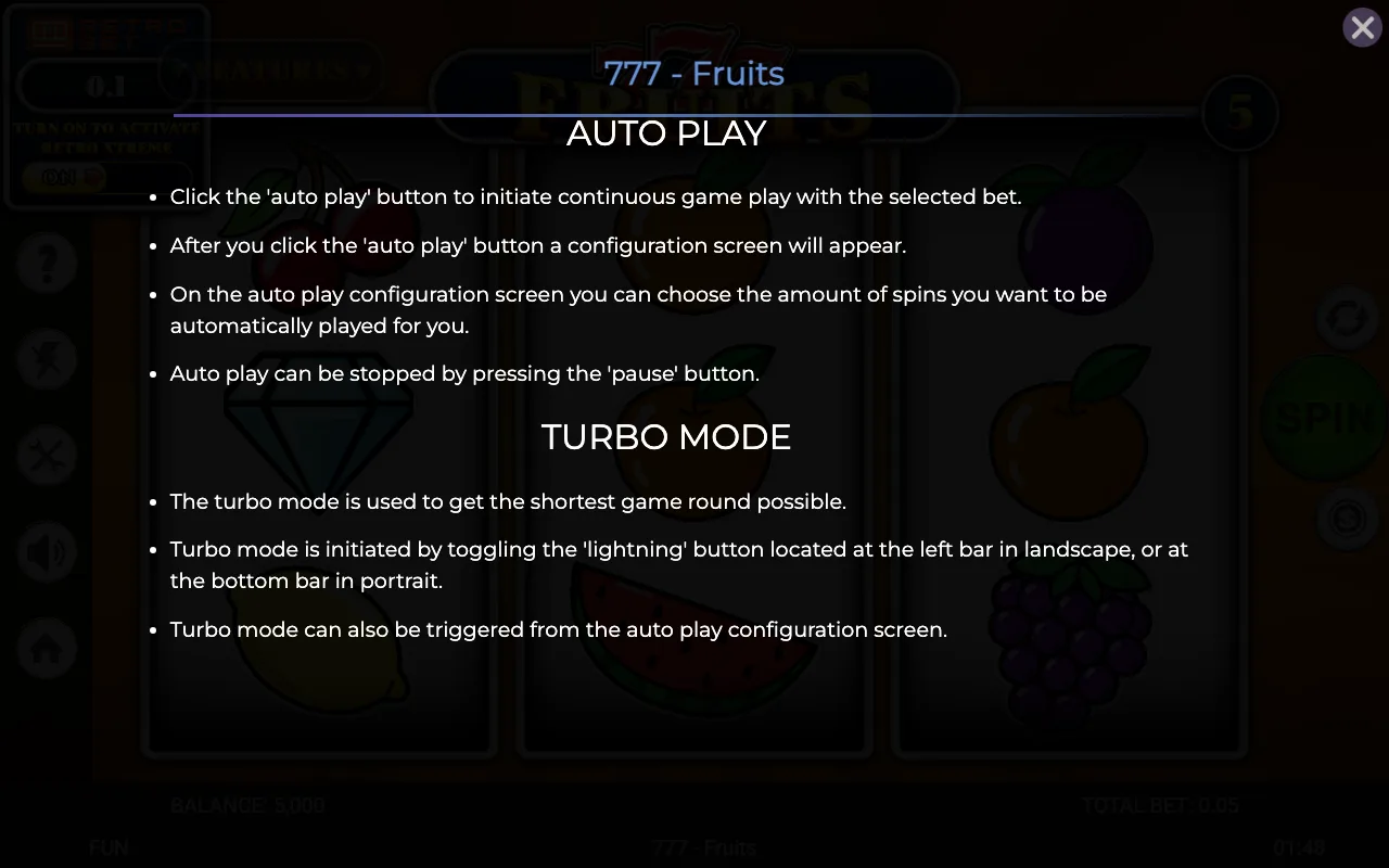 Game rules, page 5 — Retro 777 Fruits